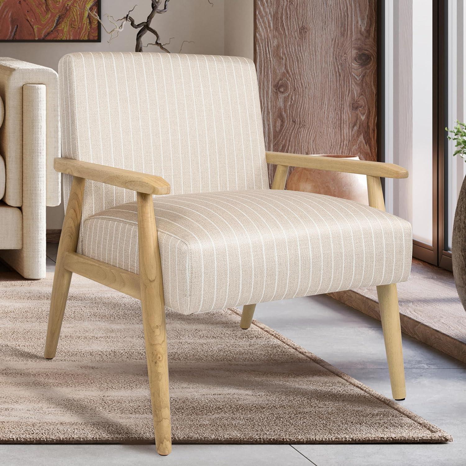 imageHomePop MidCentury Accent ChairUpholstered Armchair with Wood Armrest and Wood LegsAccent Chairs for Living Room amp Bedroom Decorative Home Furniture Beige StripeBeige Stripe