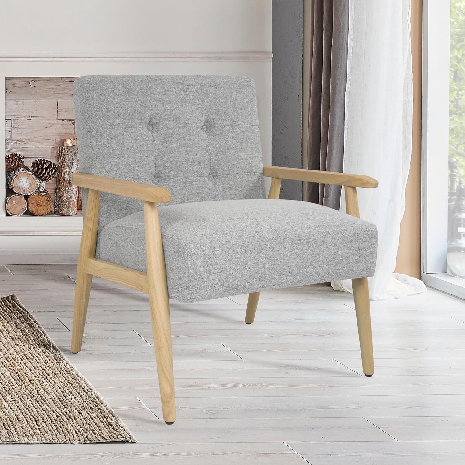 imageHomePop MidCentury Accent ChairUpholstered Armchair with Wood Armrest and Wood LegsAccent Chairs for Living Room amp Bedroom Decorative Home Furniture Beige StripeLight Gray Solid Woven
