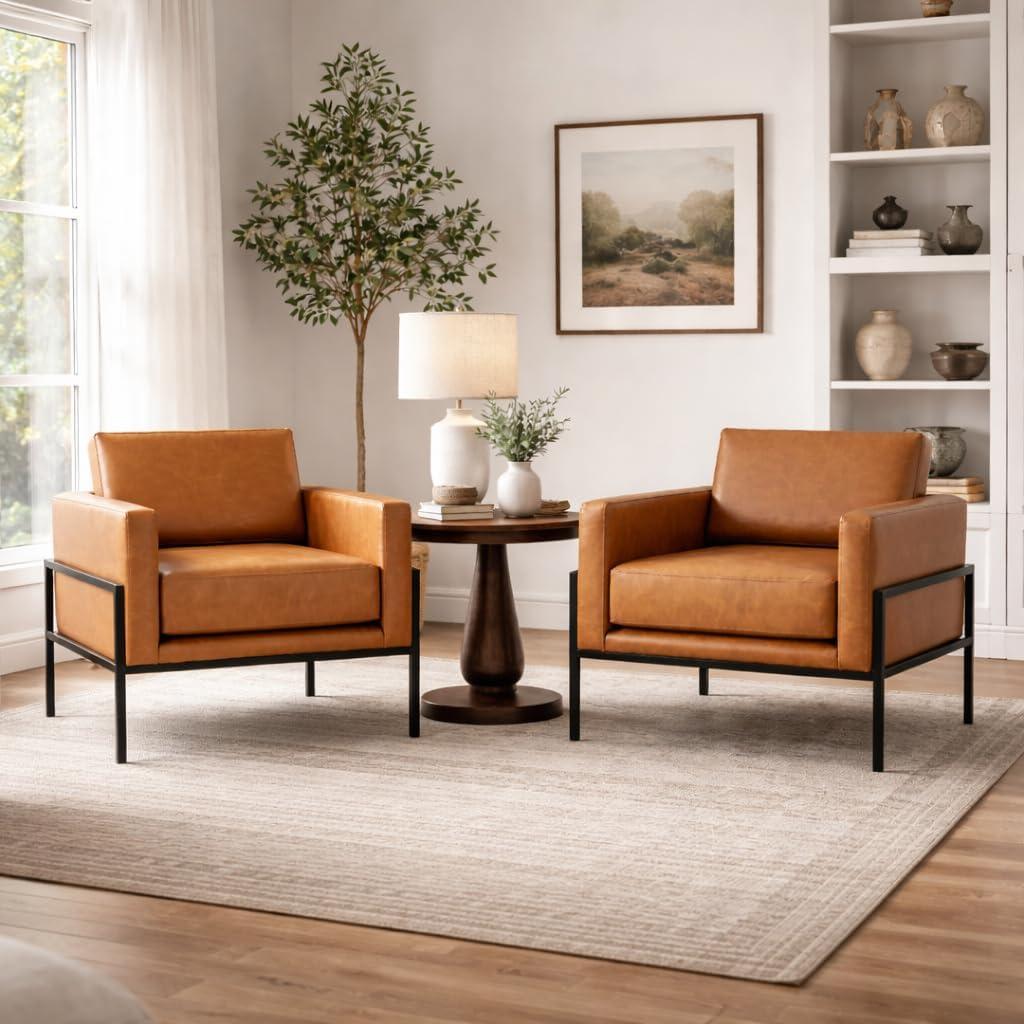 imageHomePop Modern Metal Frame Accent ChairHomepop Home DcorAccent Chairs for Living Room amp Bedroom Carmel Faux LeatherCarmel Faux Leather