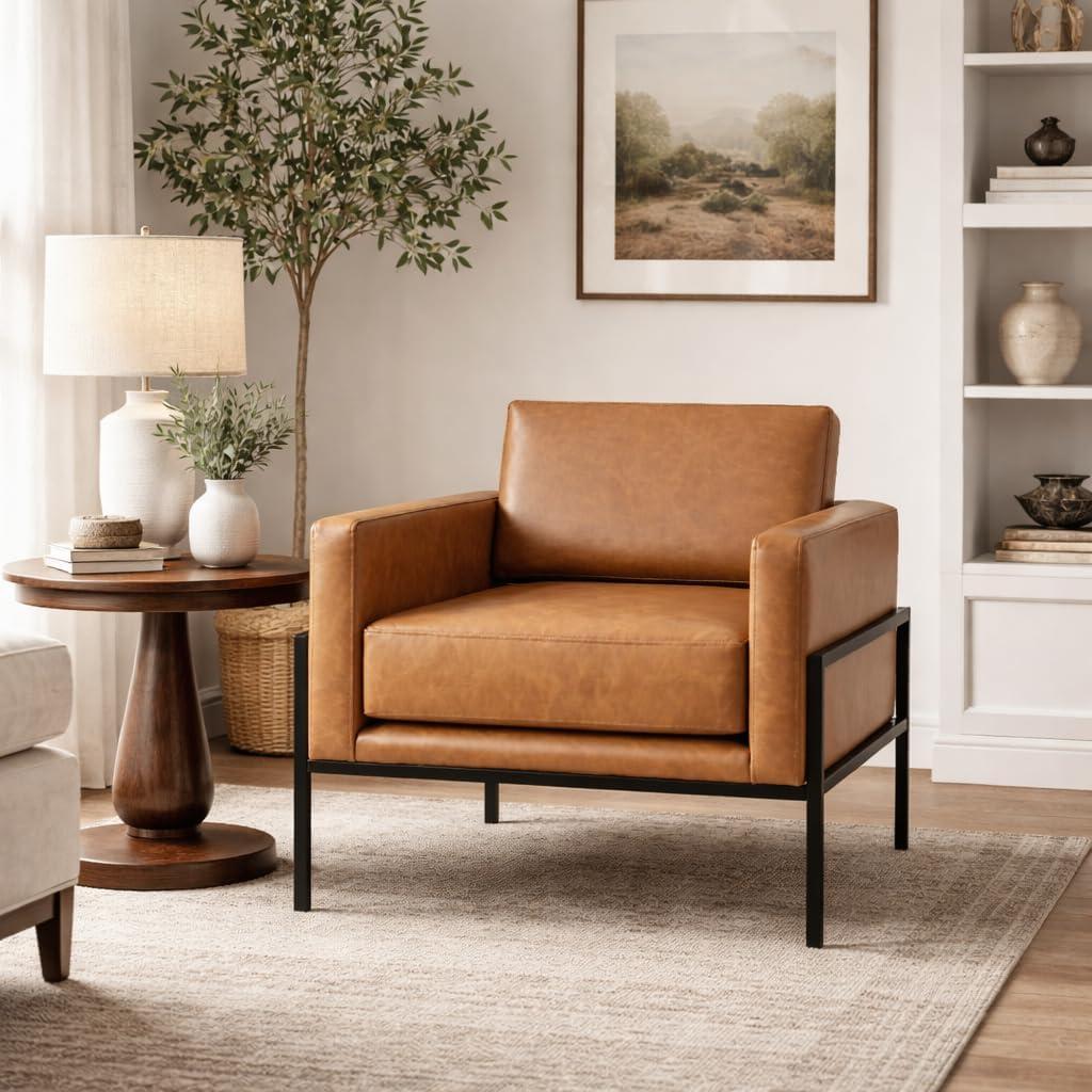 imageHomePop Modern Metal Frame Accent ChairHomepop Home DcorAccent Chairs for Living Room amp Bedroom Carmel Faux LeatherCarmel Faux Leather