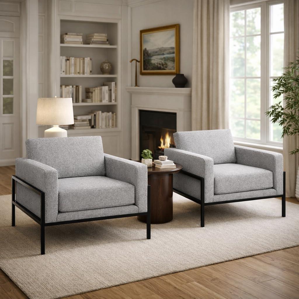 imageHomePop Modern Metal Frame Accent ChairHomepop Home DcorAccent Chairs for Living Room amp Bedroom Carmel Faux LeatherSustainable Gray Woven