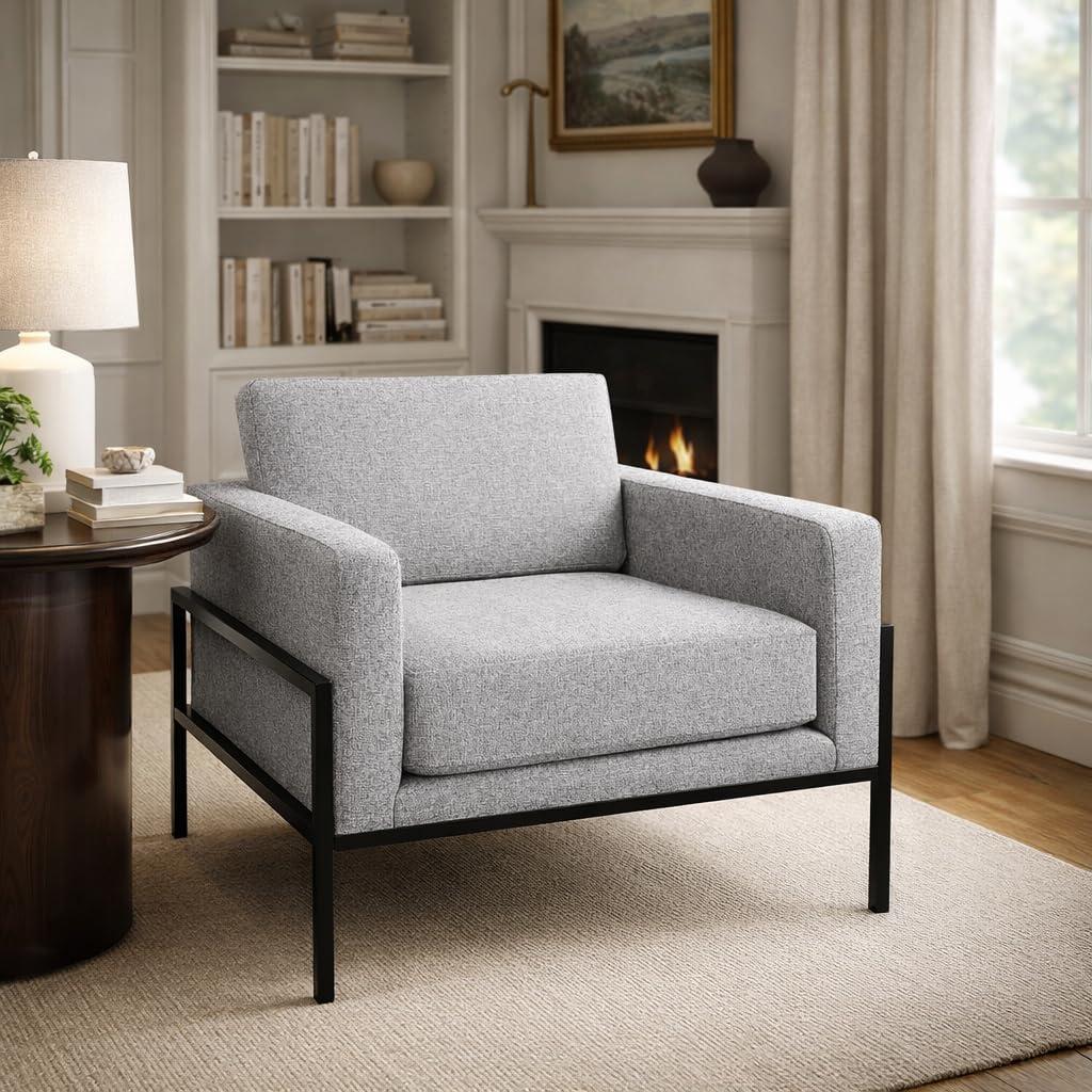 imageHomePop Modern Metal Frame Accent ChairHomepop Home DcorAccent Chairs for Living Room amp Bedroom Carmel Faux LeatherSustainable Gray Woven