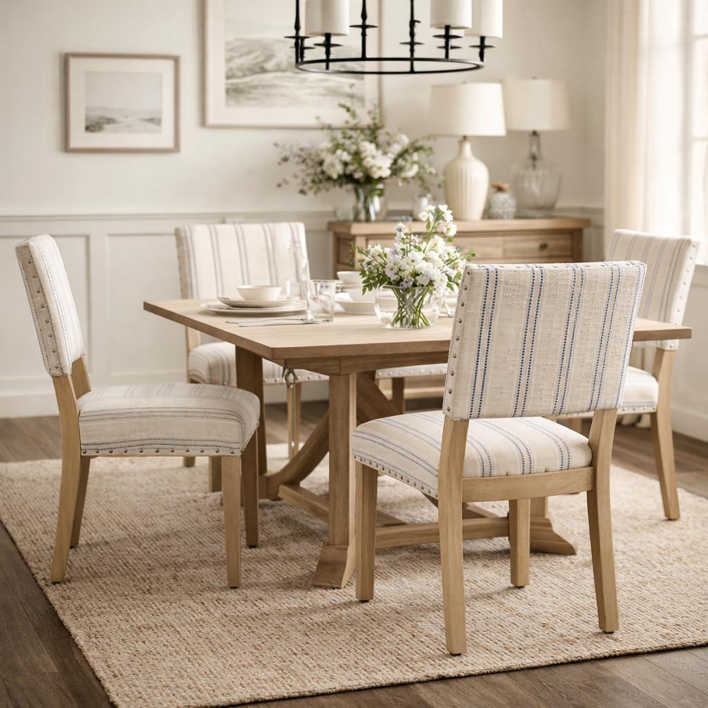 imageHomePop Open Back Dining Chair Upholstered Dining Chairs Dining Chairs Set of 2 with Nailhead Trim Decorative Home Furniture Gray WovenBlue and White Stripes