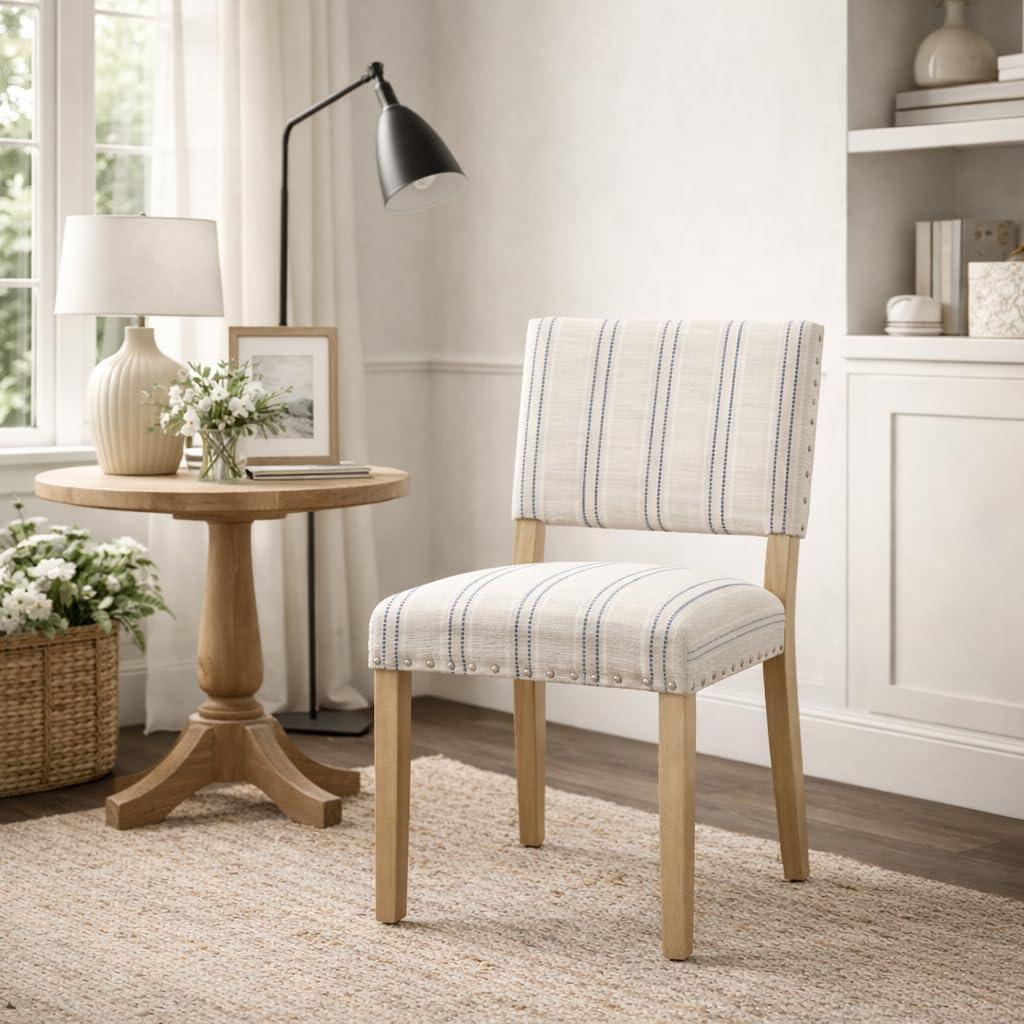 imageHomePop Open Back Dining Chair Upholstered Dining Chairs Dining Chairs Set of 2 with Nailhead Trim Decorative Home Furniture Gray WovenBlue and White Stripes