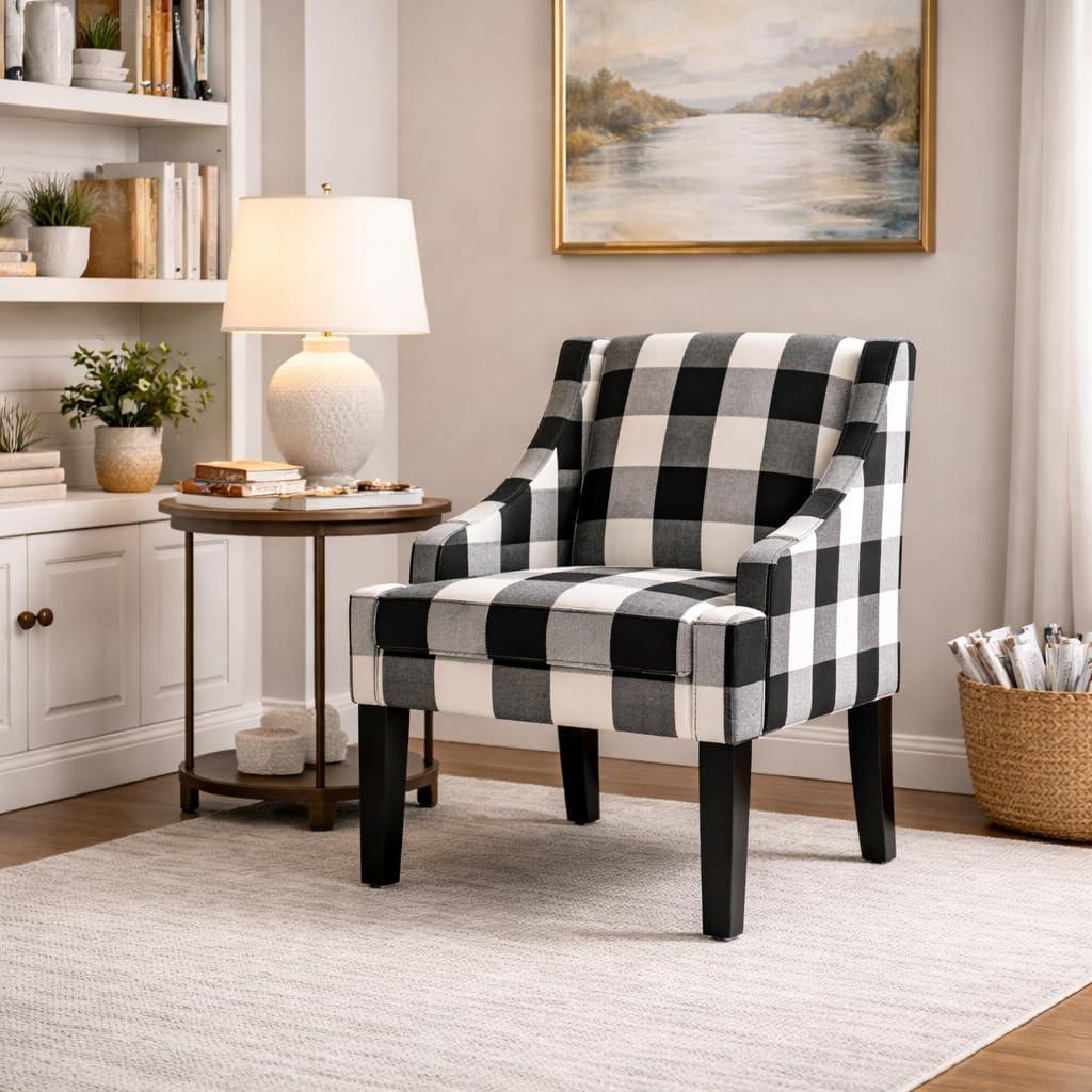 imageHomePop Velvet Swoop Arm Accent Chair Suri BlueBuffalo Black Plaid