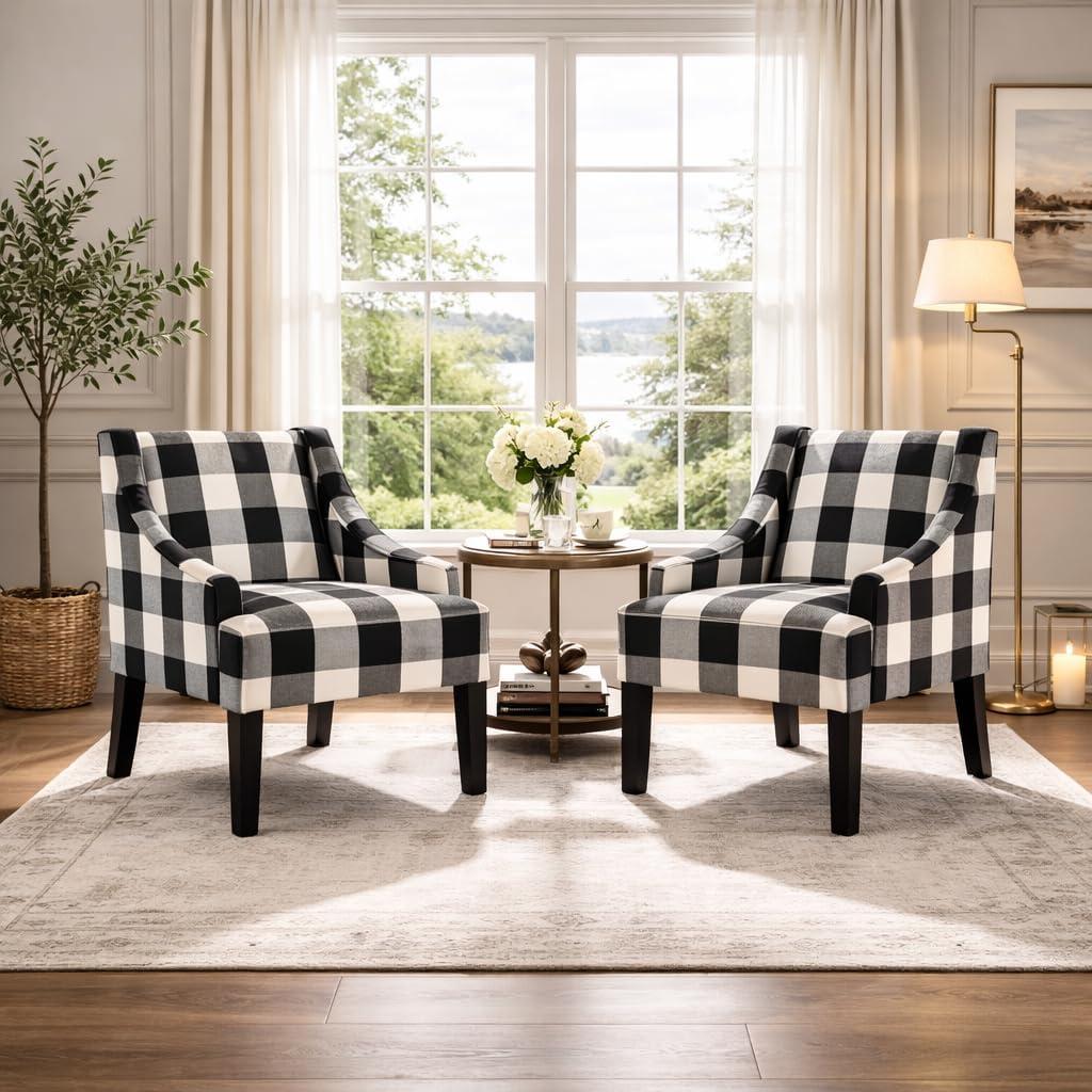 imageHomePop Velvet Swoop Arm Accent Chair Suri BlueBuffalo Black Plaid