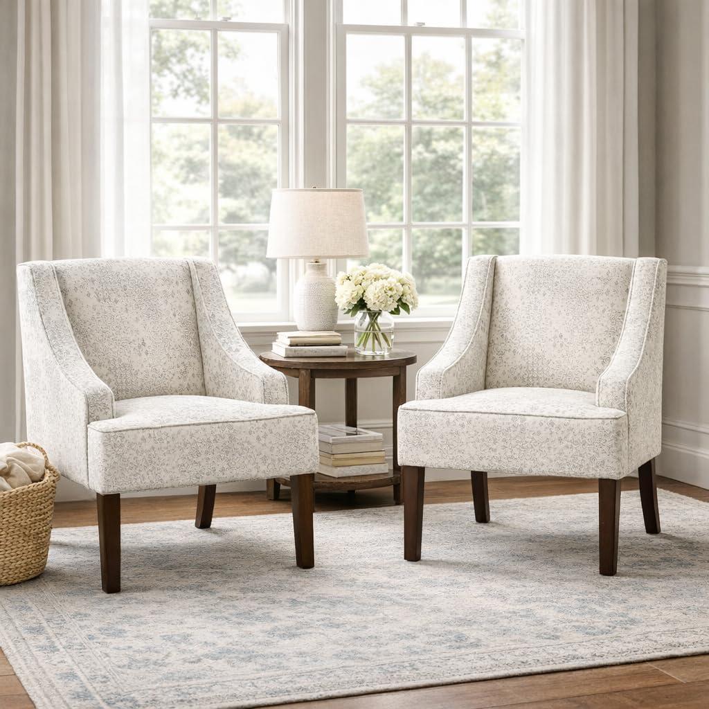 imageHomePop Velvet Swoop Arm Accent Chair Suri BlueCream and Gray Vintage Stencil