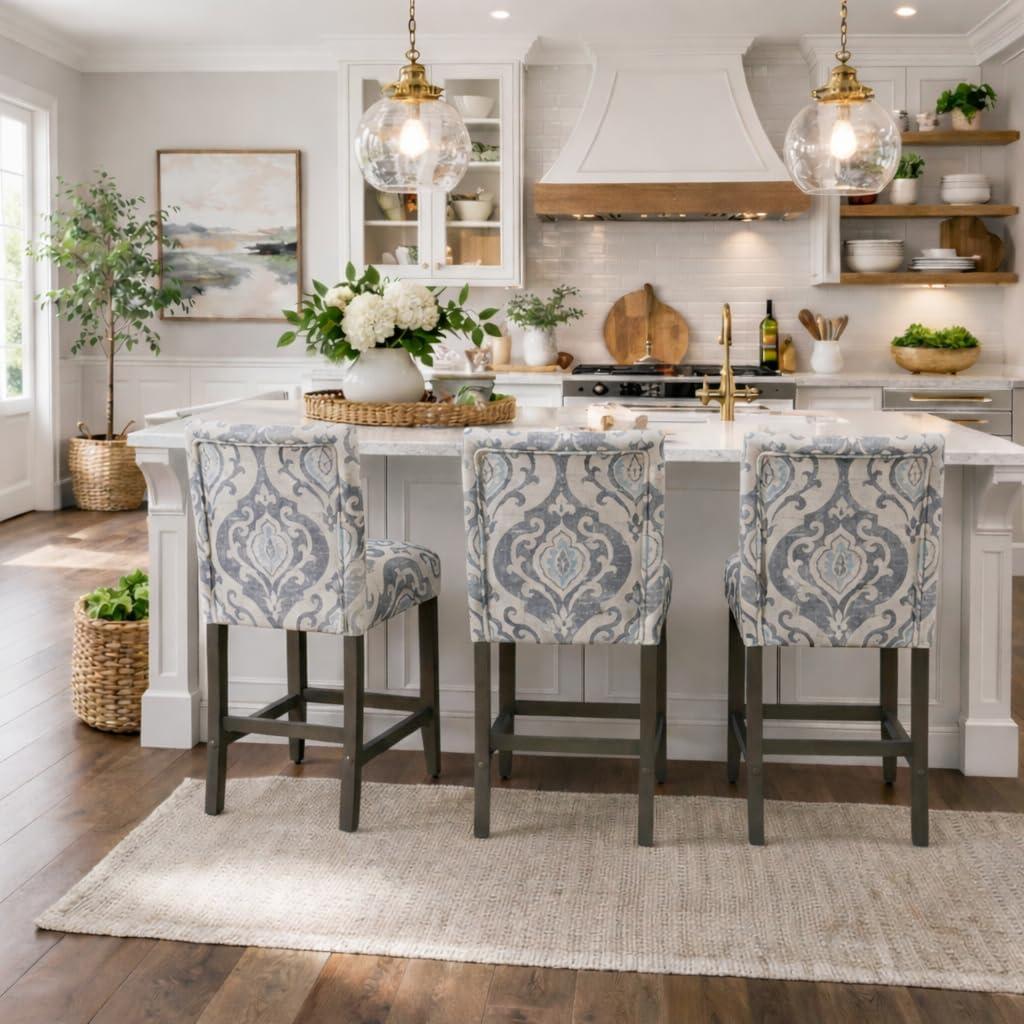imageHomepop Home Decor Classic Counter Height Bar Stools 24 Inch Bar Stools Decorative Home Furniture Cream Mini Grid PatternSuri Bluesingle Pack