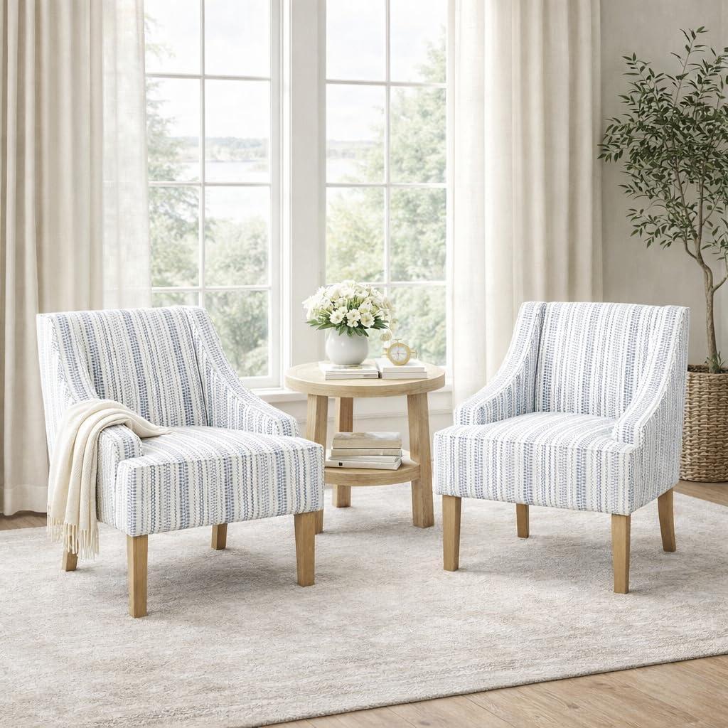 imageHomepop Home Decor Upholstered Classic Swoop Arm Accent Chair Accent Chairs for Living Room amp Bedroom Decorative Home Furniture Blue TrellisBlue and White Farmhouse Stripe