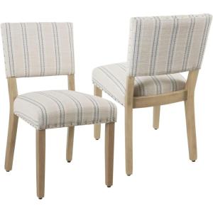 HomePop Open Back Dining Chair | Upholstered Dining Chairs | Dining Chairs Set of 2 with Nailhead Trim | Decorative Home Furniture, Gray Woven(Blue and White Stripes)