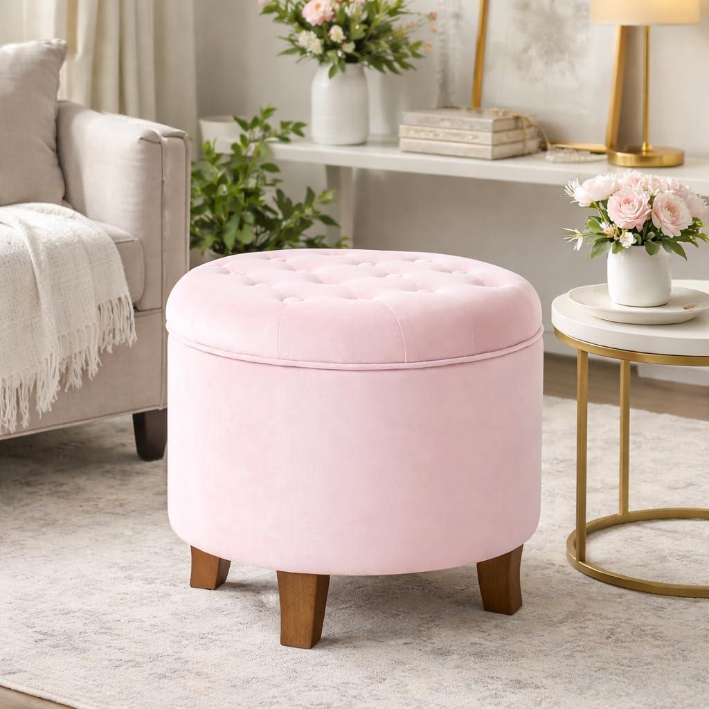 imageHomePop Home Decor Upholstered Round Velvet Tufted Foot Rest Ottoman Ottoman with Storage for Living Room amp Bedroom Decorative Home Furniture Indigo SmallPink Blush