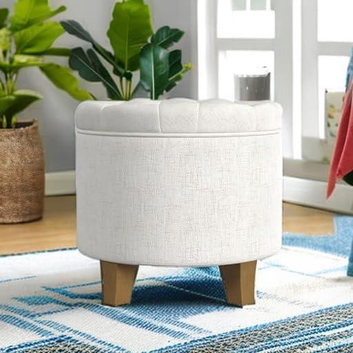 imageHomePop Home Decor Upholstered Round Velvet Tufted Foot Rest Ottoman Ottoman with Storage for Living Room amp Bedroom Decorative Home Furniture Indigo SmallCream Textured Solid
