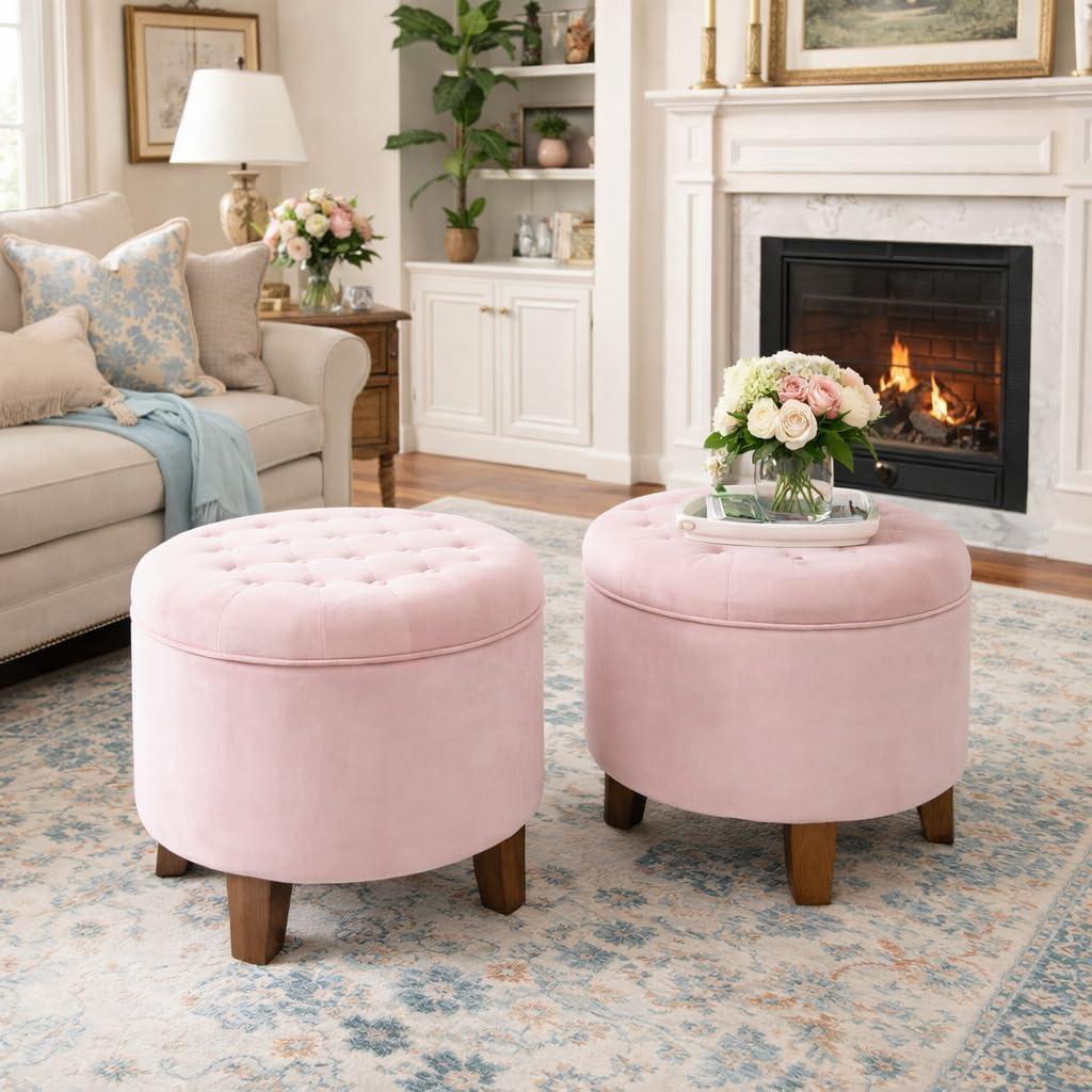 imageHomePop Home Decor Upholstered Round Velvet Tufted Foot Rest Ottoman Ottoman with Storage for Living Room amp Bedroom Decorative Home Furniture Indigo SmallPink Blush