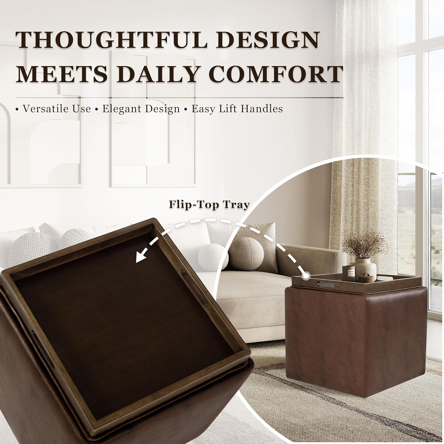 imageHomePop Home Decor Storage Ottoman with Tray TopUpholstered Modern Square Storage Ottoman with Storage for Living Room amp Bedroom Green Clover FabricBrown Faux Leather