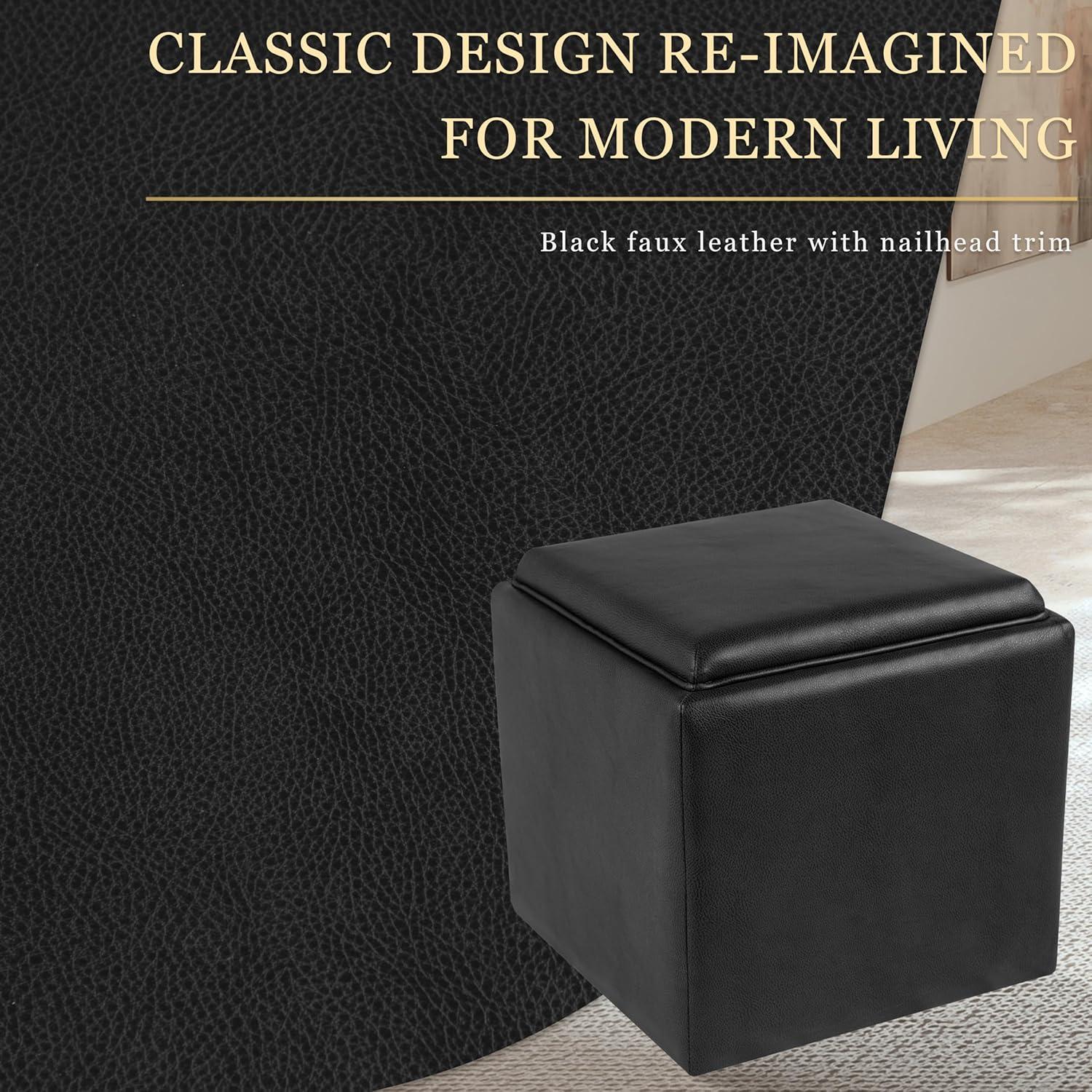 imageHomePop Home Decor Storage Ottoman with Tray TopUpholstered Modern Square Storage Ottoman with Storage for Living Room amp Bedroom Green Clover FabricBlack Faux Leather