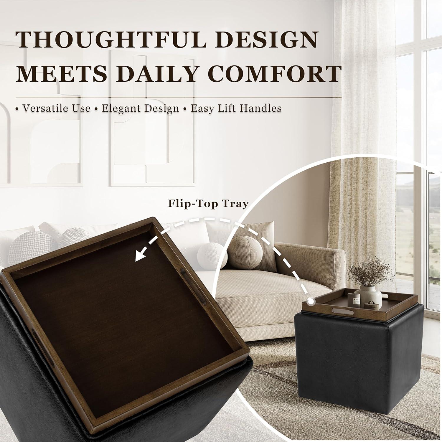 imageHomePop Home Decor Storage Ottoman with Tray TopUpholstered Modern Square Storage Ottoman with Storage for Living Room amp Bedroom Green Clover FabricBlack Faux Leather