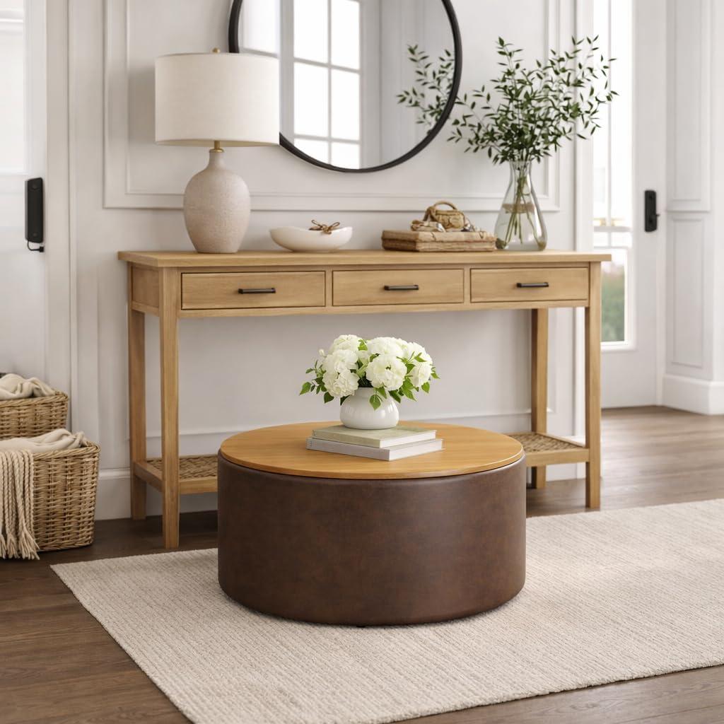 imageHomePop Storage Ottoman with Wood Top Light Gray Textured WovenFaux Brown Leather
