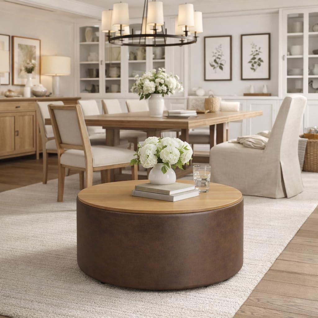 imageHomePop Storage Ottoman with Wood Top Light Gray Textured WovenFaux Brown Leather