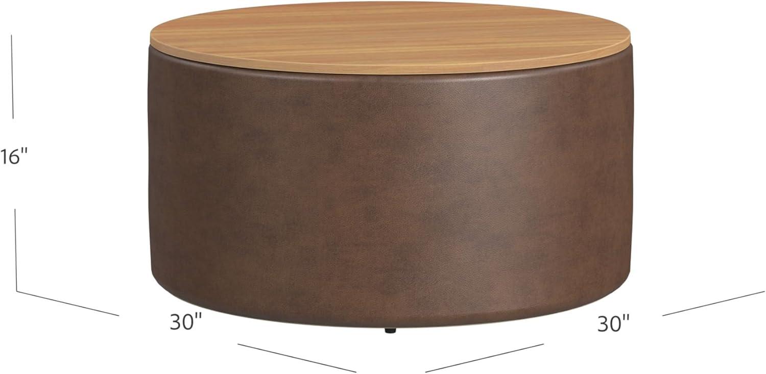 imageHomePop Storage Ottoman with Wood Top Light Gray Textured WovenFaux Brown Leather