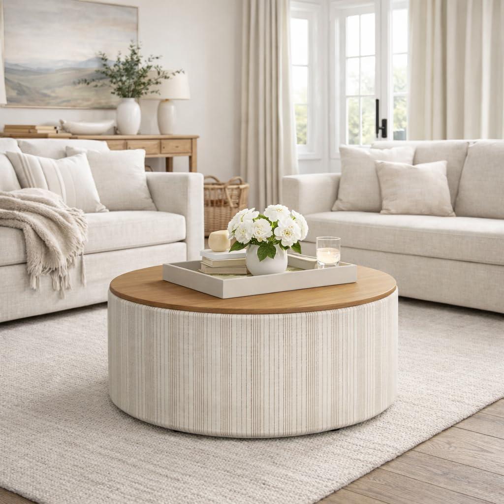 imageHomePop Storage Ottoman with Wood Top Light Gray Textured WovenMarigold Pinstripe Cream Fabric