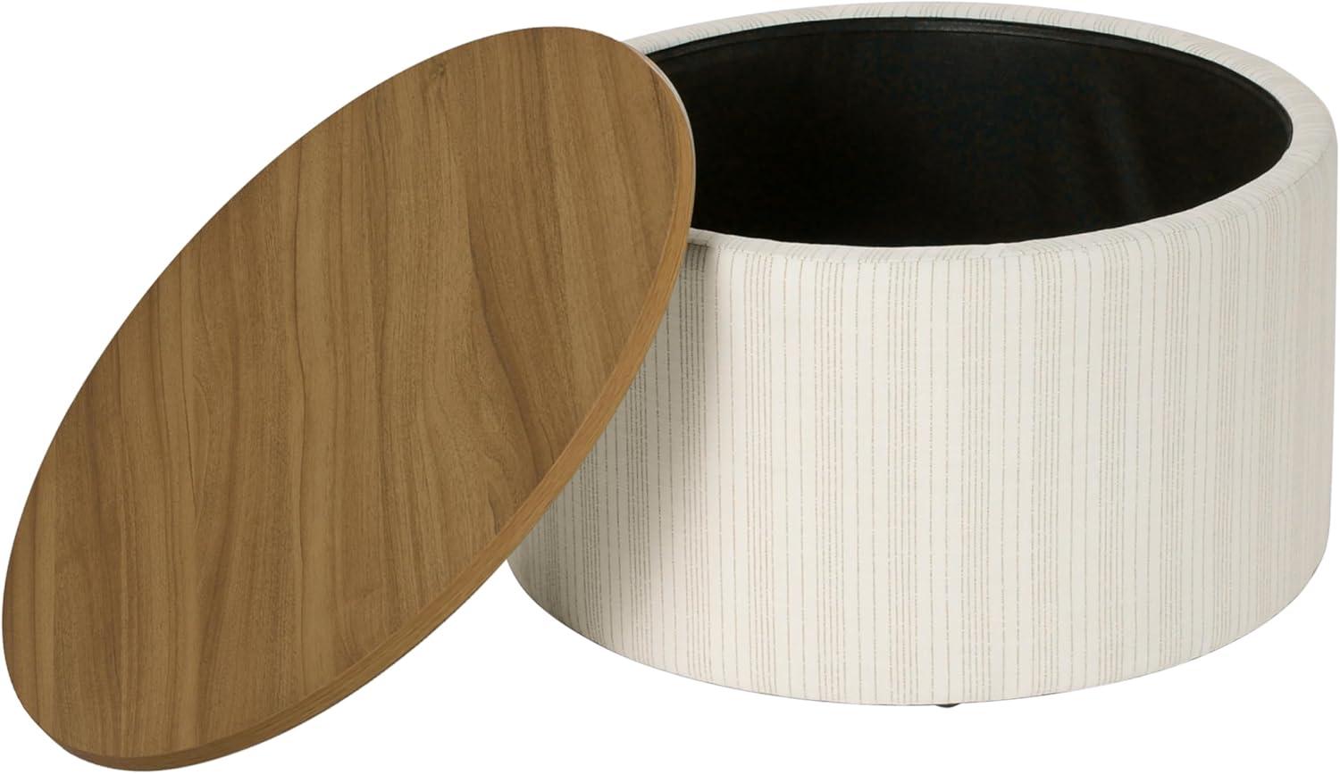 imageHomePop Storage Ottoman with Wood Top Light Gray Textured WovenMarigold Pinstripe Cream Fabric