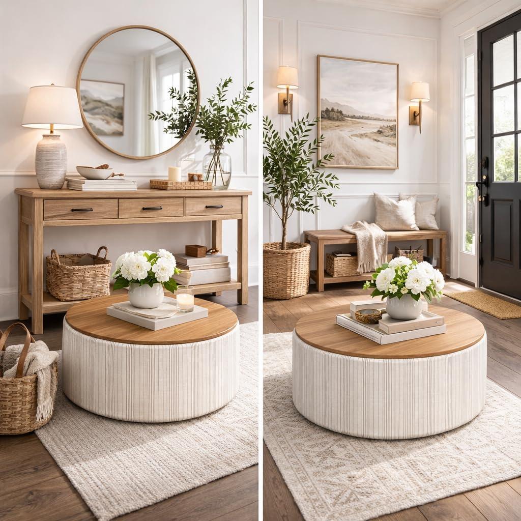 imageHomePop Storage Ottoman with Wood Top Light Gray Textured WovenMarigold Pinstripe Cream Fabric