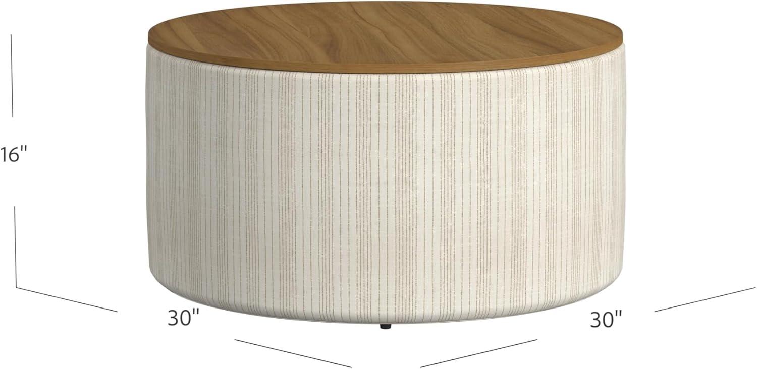 imageHomePop Storage Ottoman with Wood Top Light Gray Textured WovenMarigold Pinstripe Cream Fabric