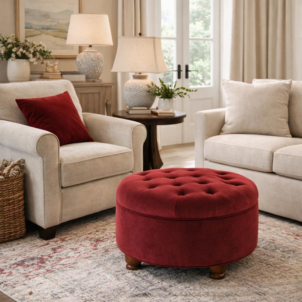 imageHomepop Home Decor Button Tufted Velvet Round Storage Ottoman Ottoman with Storage for Living Room amp Bedroom Spice Orange VelvetBerry