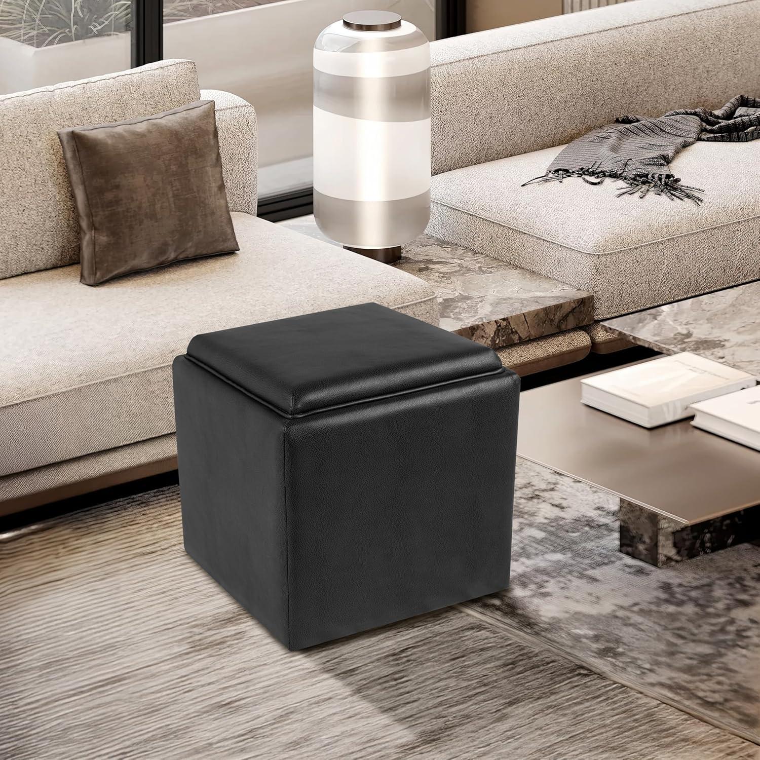 imageHomepop Home Decor HomePop Storage Ottoman with Tray TopUpholstered Modern Square Storage Ottoman with Storage for Living Room amp Bedroom Grey WovenBlack Faux Leather