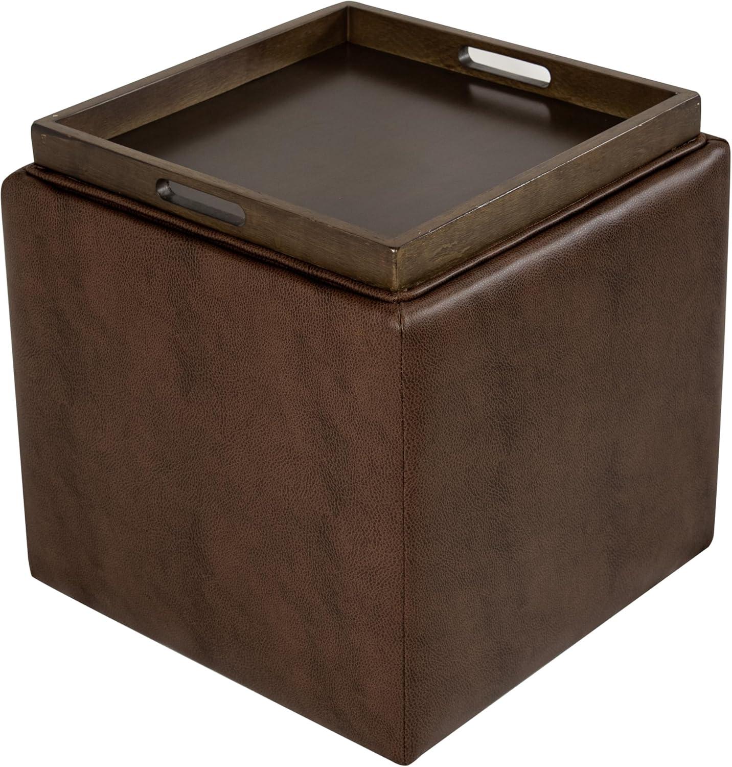 imageHomepop Home Decor HomePop Storage Ottoman with Tray TopUpholstered Modern Square Storage Ottoman with Storage for Living Room amp Bedroom Grey WovenBrown Faux Leather