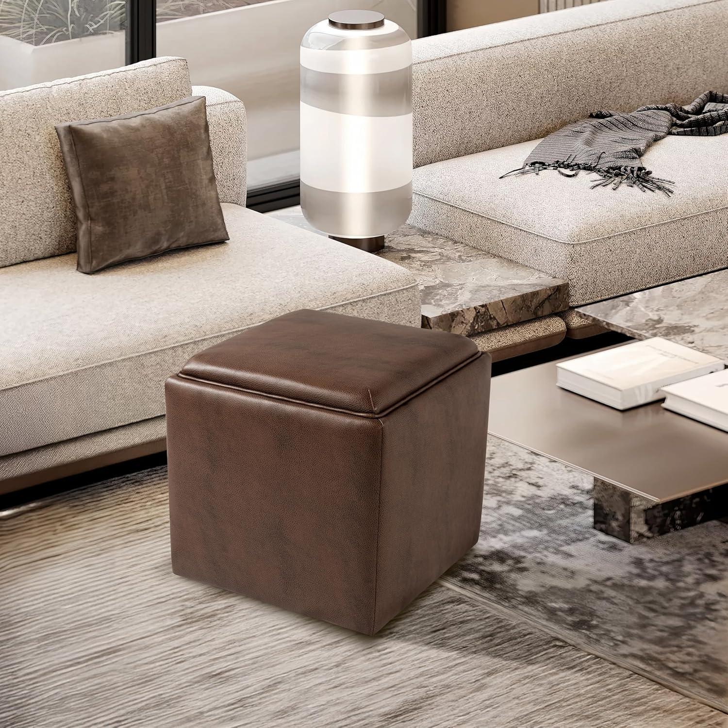 imageHomepop Home Decor HomePop Storage Ottoman with Tray TopUpholstered Modern Square Storage Ottoman with Storage for Living Room amp Bedroom Grey WovenBrown Faux Leather