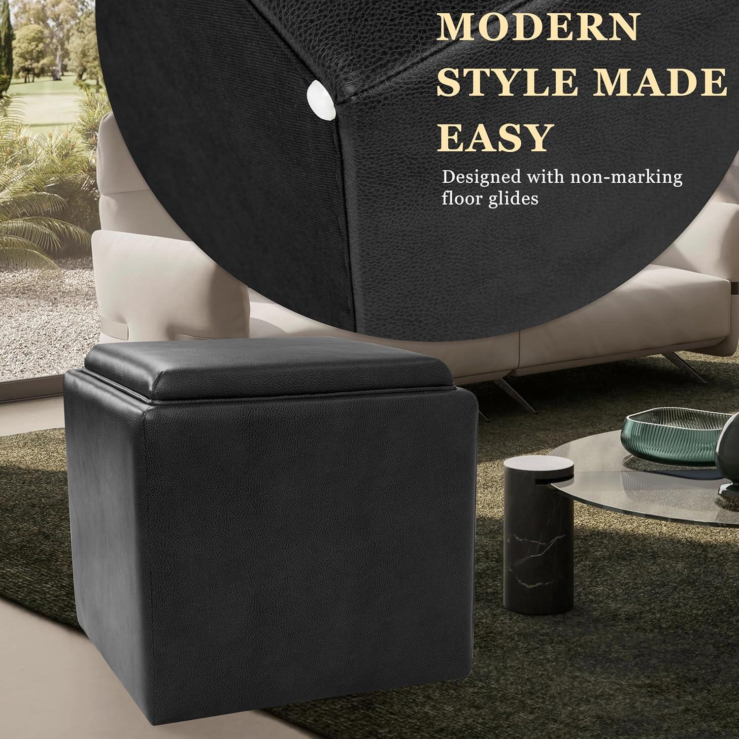 imageHomepop Home Decor HomePop Storage Ottoman with Tray TopUpholstered Modern Square Storage Ottoman with Storage for Living Room amp Bedroom Grey WovenBlack Faux Leather