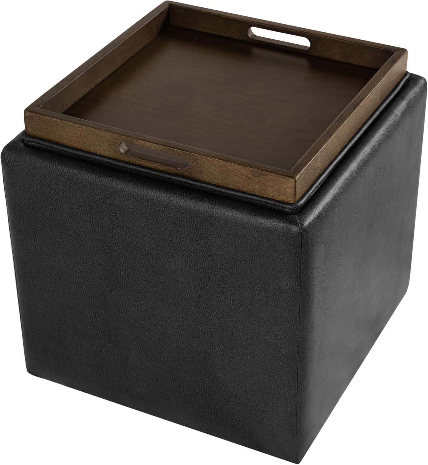 imageHomepop Home Decor HomePop Storage Ottoman with Tray TopUpholstered Modern Square Storage Ottoman with Storage for Living Room amp Bedroom Grey WovenBlack Faux Leather