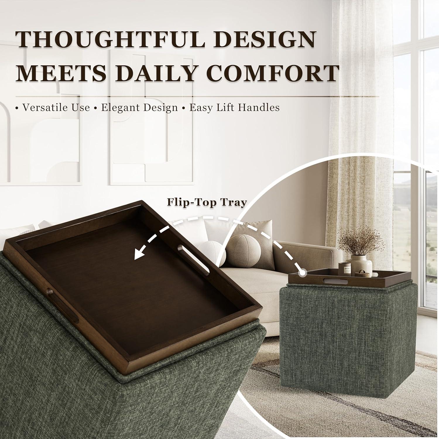 imageHomepop Home Decor HomePop Storage Ottoman with Tray TopUpholstered Modern Square Storage Ottoman with Storage for Living Room amp Bedroom Grey WovenGreen Clover Fabric