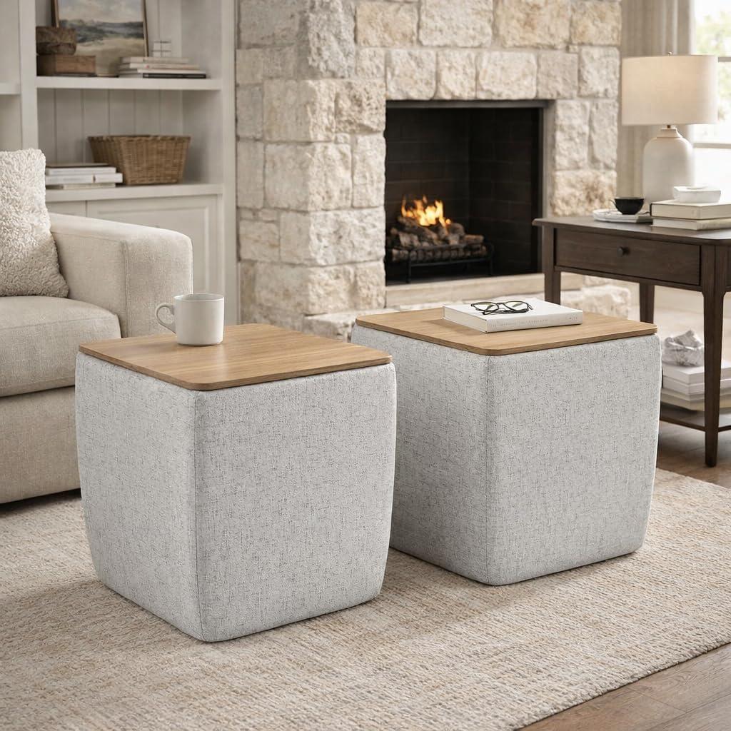 imageHomepop Home Decor HomePop Storage Ottoman with Tray TopUpholstered Modern Square Storage Ottoman with Storage for Living Room amp Bedroom Grey WovenGray Woven