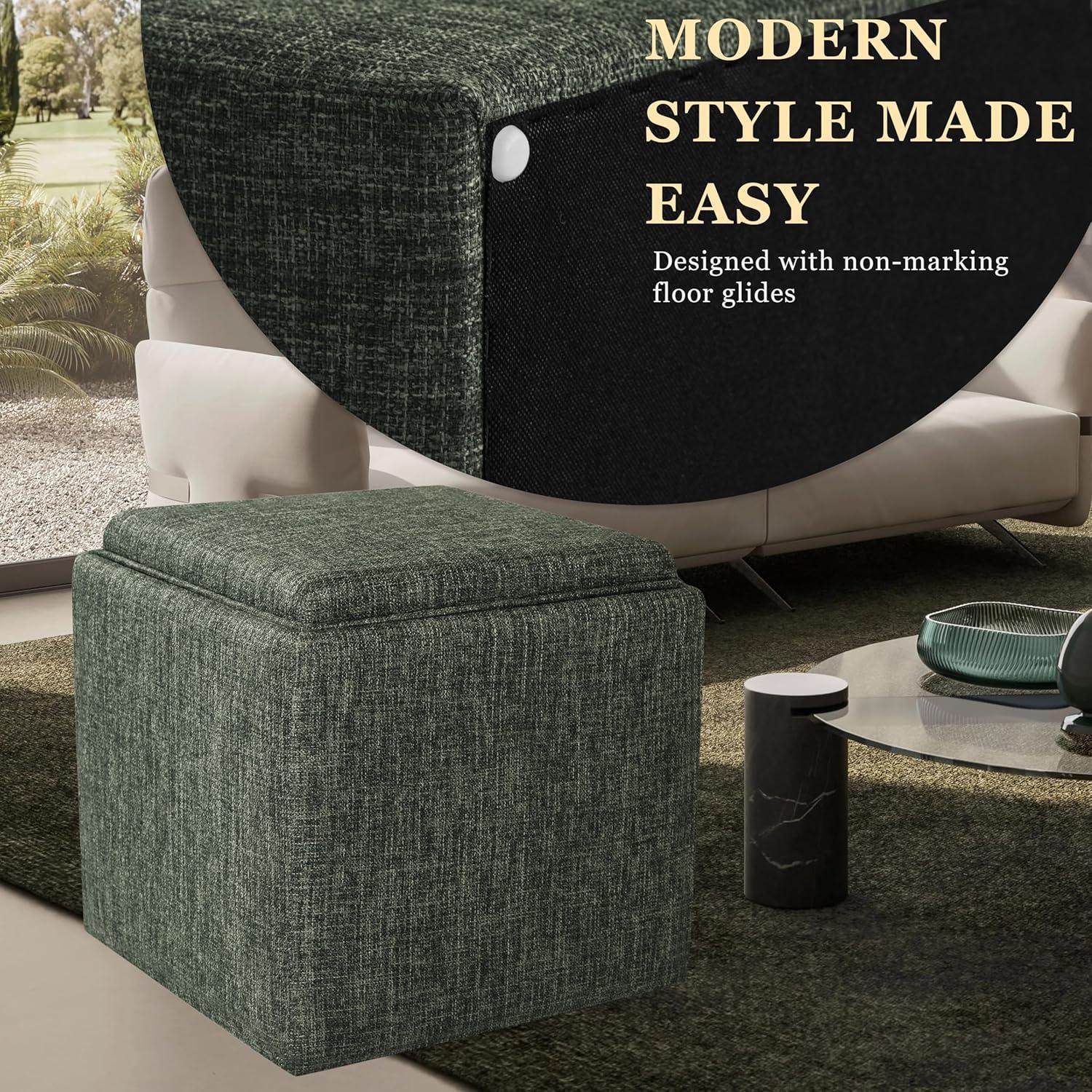 imageHomepop Home Decor HomePop Storage Ottoman with Tray TopUpholstered Modern Square Storage Ottoman with Storage for Living Room amp Bedroom Grey WovenGreen Clover Fabric