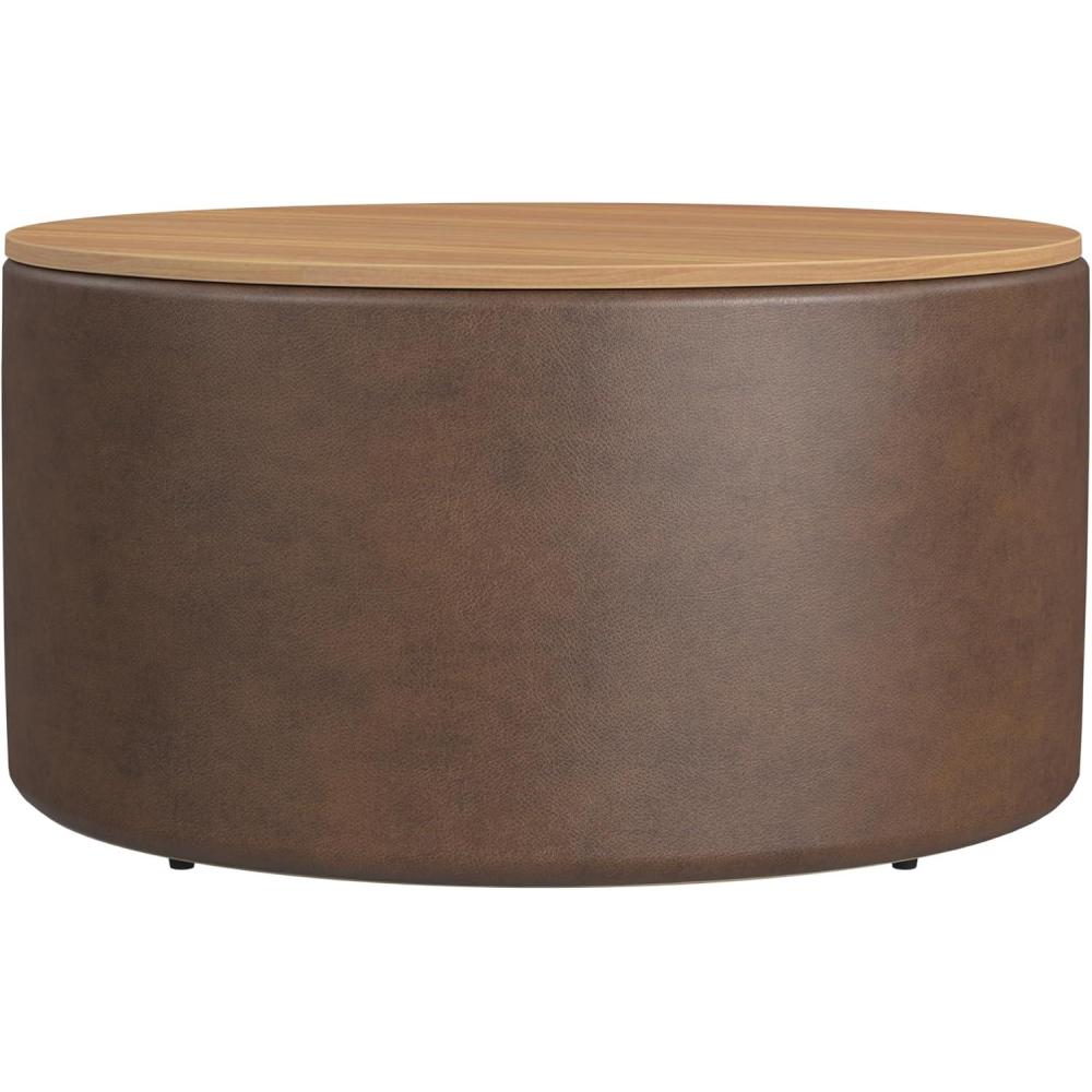 imageHomePop Storage Ottoman with Wood Top  Light Gray Textured WovenFaux Brown Leather