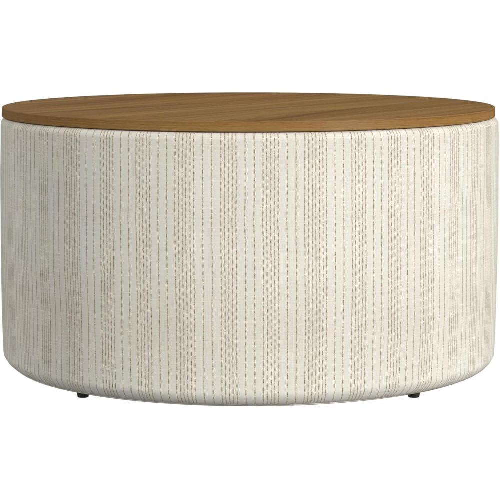 imageHomePop Storage Ottoman with Wood Top  Light Gray Textured WovenMarigold Pinstripe Cream Fabric