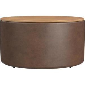 HomePop Storage Ottoman with Wood Top – Light Gray Textured Woven(Faux Brown Leather)