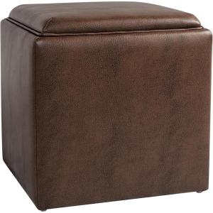 Homepop Home Decor |HomePop Storage Ottoman with Tray Top|Upholstered Modern Square Storage Ottoman with Storage for Living Room & Bedroom, Grey Woven(Brown Faux Leather)