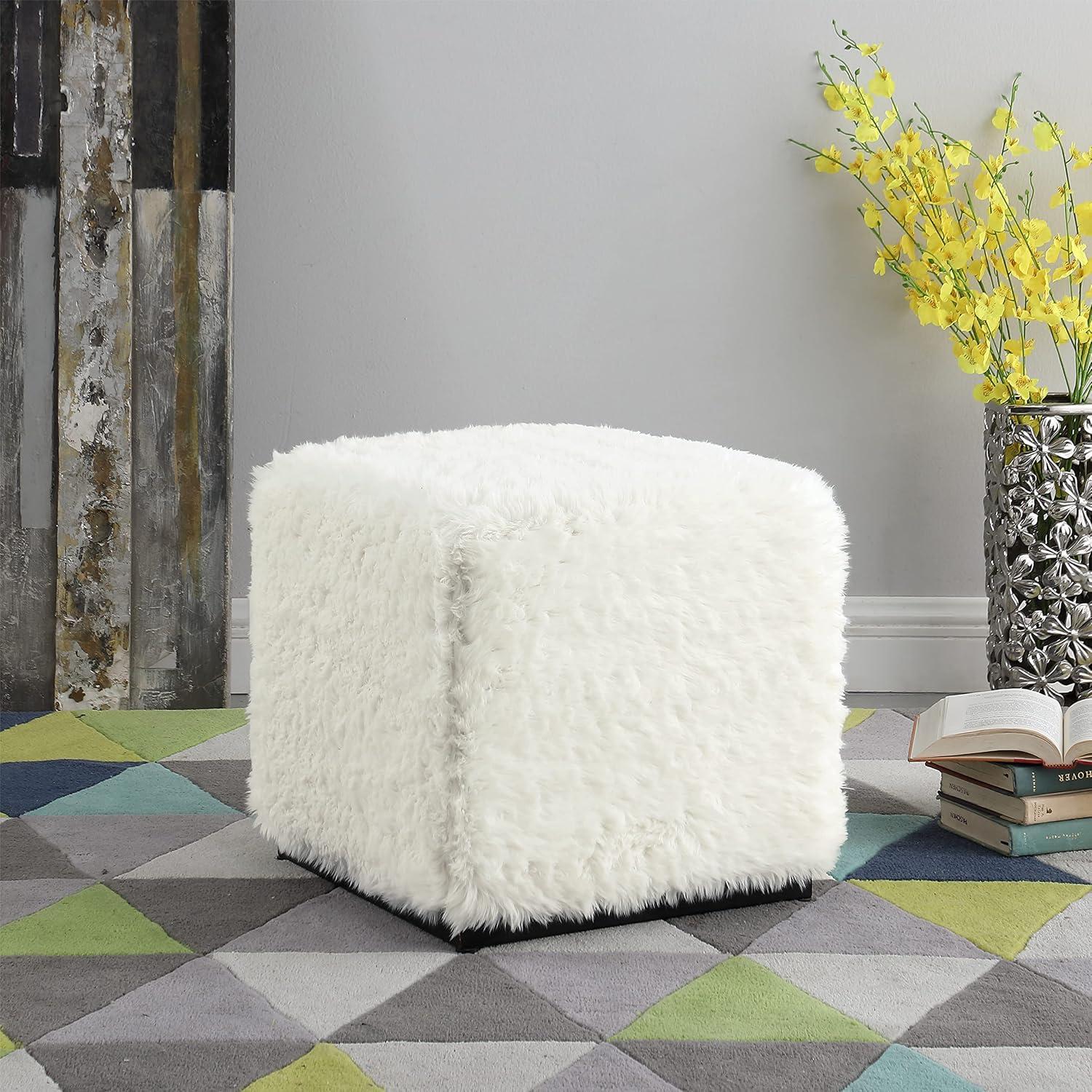 imageHomePop Cube Ottoman HomePop Home Dcor Square Ottoman Cream BoucleWhite Faux Fur