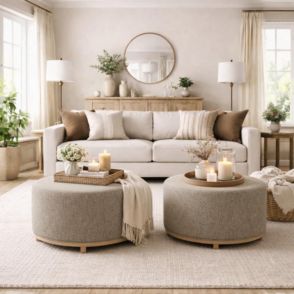 imageHomePop Haven Ottoman with Wood Base Sand Faux LeatherMidtone Gray Fabric