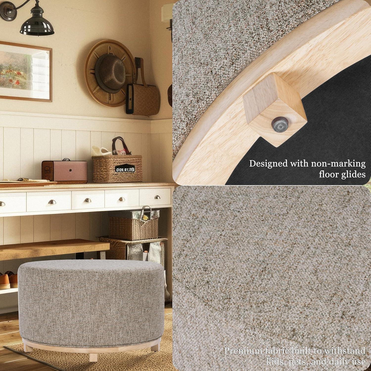 imageHomePop Haven Ottoman with Wood Base Sand Faux LeatherMidtone Gray Fabric