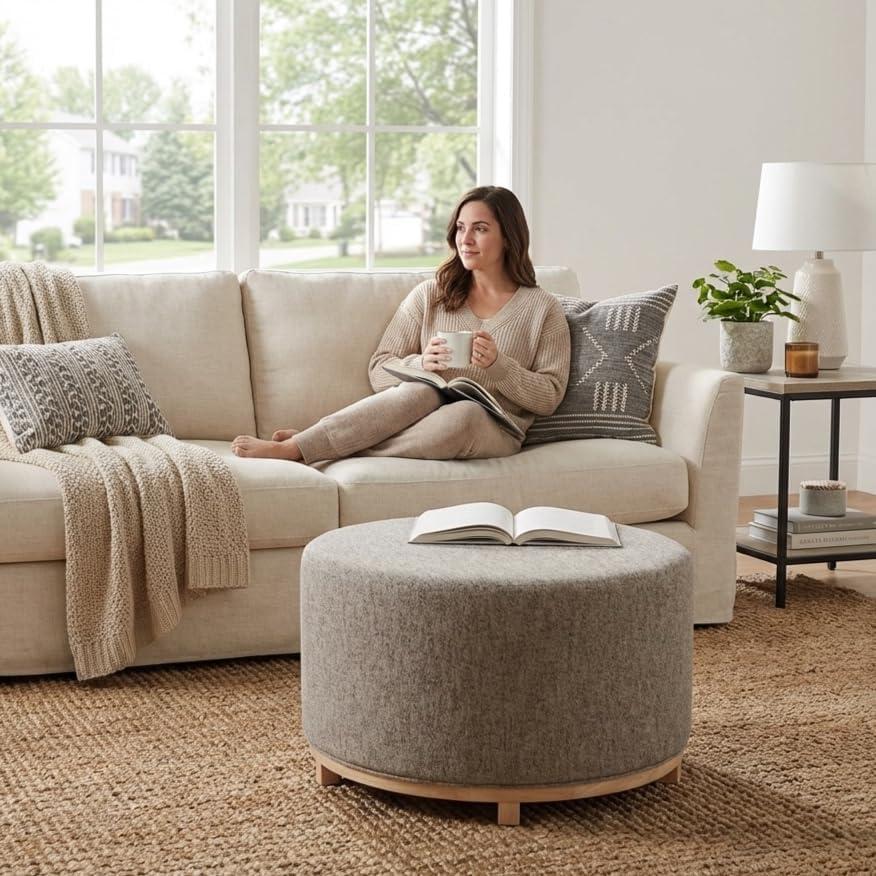 imageHomePop Haven Ottoman with Wood Base Sand Faux LeatherMidtone Gray Fabric