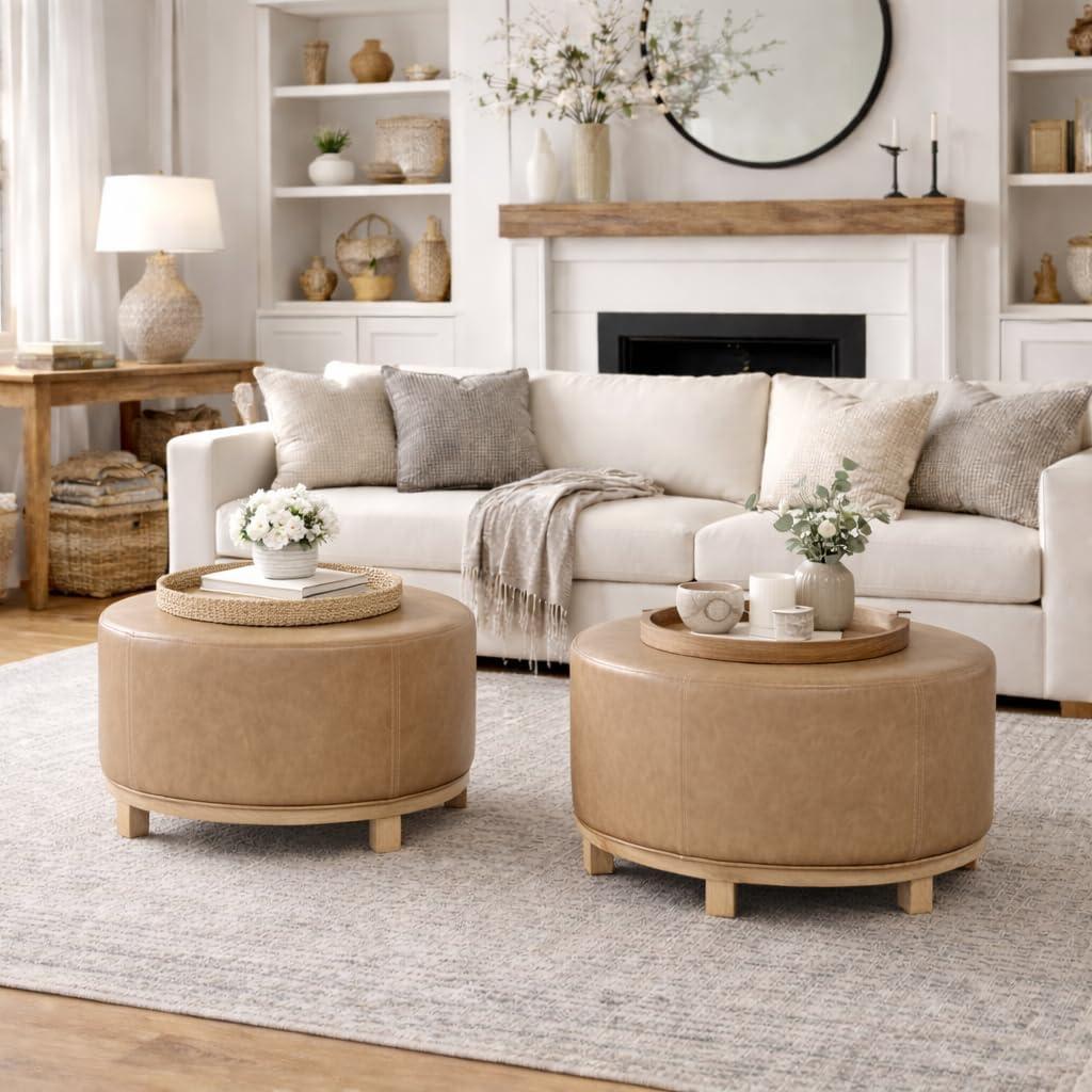 imageHomePop Haven Ottoman with Wood Base Sand Faux LeatherSand Faux Leather
