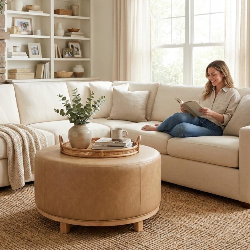 imageHomePop Haven Ottoman with Wood Base Sand Faux LeatherSand Faux Leather