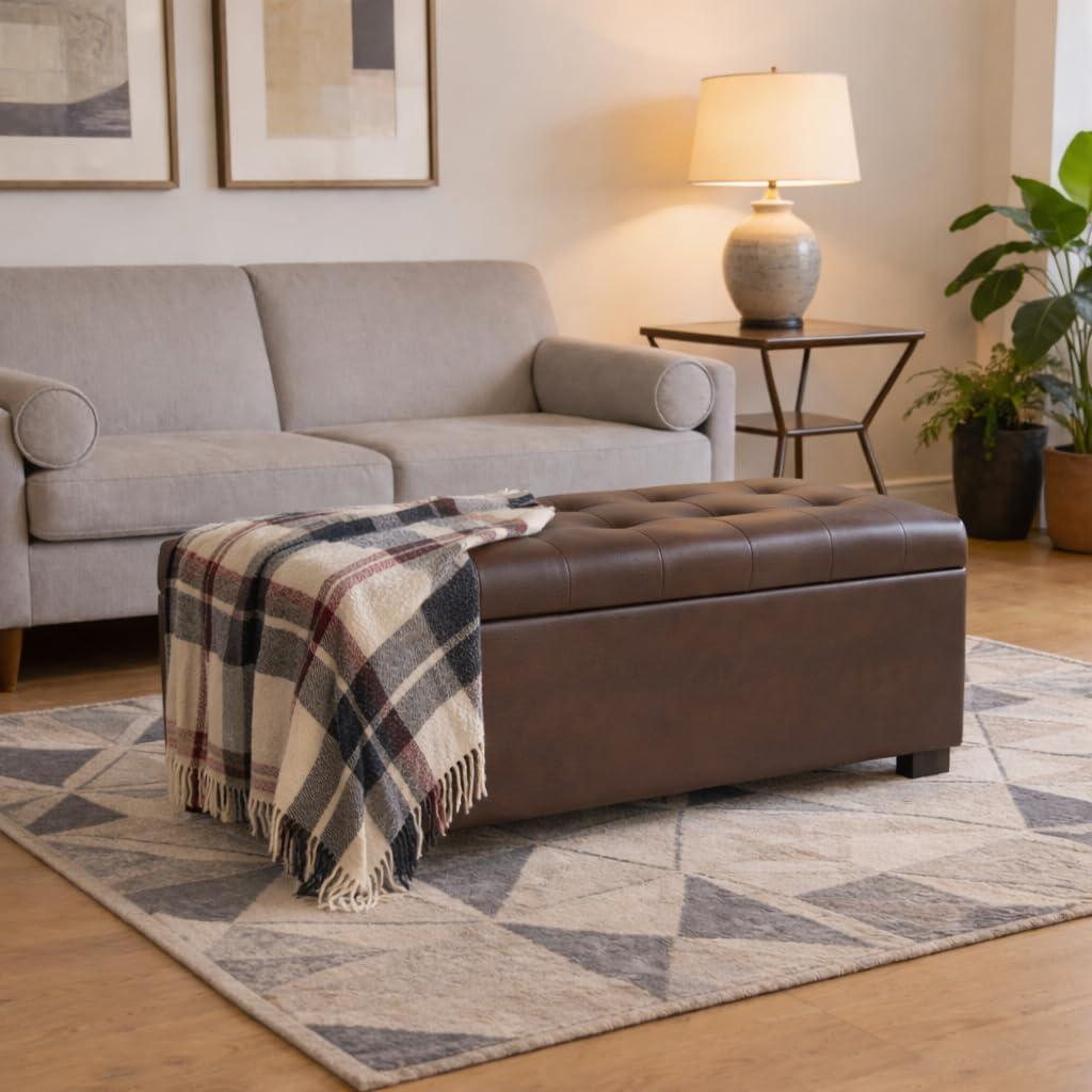 imageHomePop Large Upholstered Rectangular Storage Ottoman Bench with Hinged Lid NavyAntique Brown