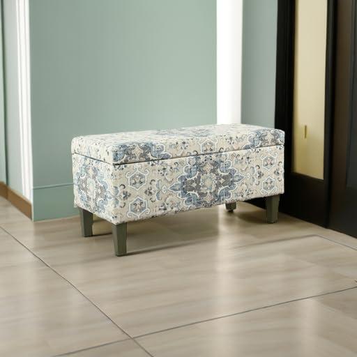 imageHomePop Large Upholstered Rectangular Storage Ottoman Bench with Hinged Lid NavyAntiqued Blue