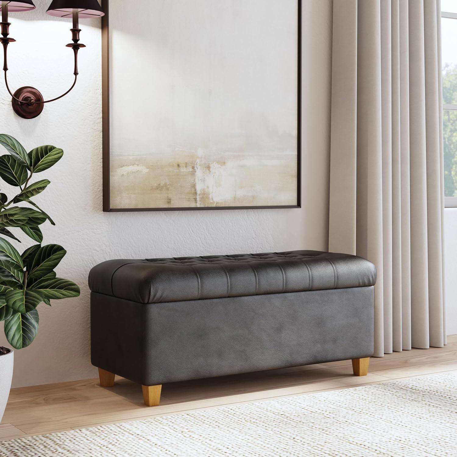 imageHomePop Large Upholstered Rectangular Storage Ottoman Bench with Hinged Lid NavyBlack Faux Leather