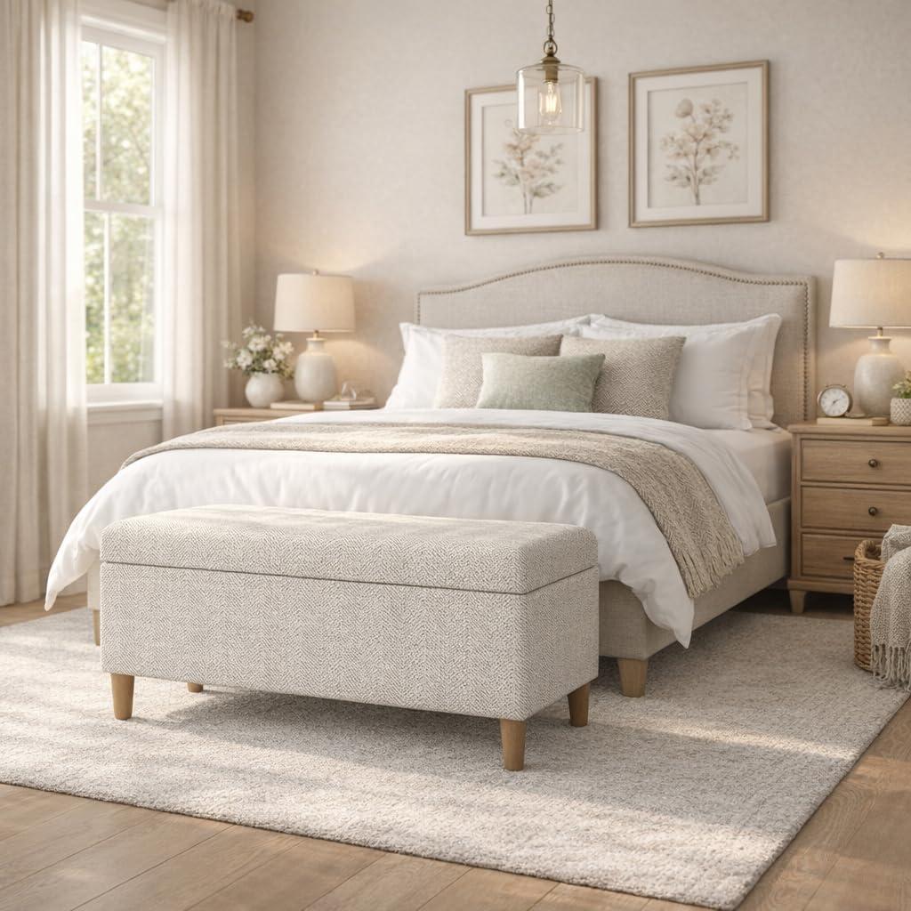 imageHomePop Large Upholstered Rectangular Storage Ottoman Bench with Hinged Lid NavyCream Chevron Woven